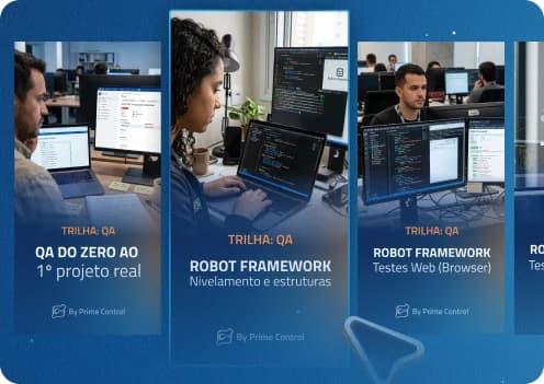 Cartões das trilhas de QA da Prime Hero Academy: QA do zero ao 1º projeto real e Robot Framework