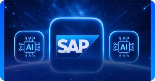 Ícone SAP entre dois ícones de IA sobre fundo azul luminoso