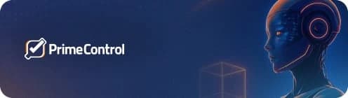 Perfil de um robô de IA em tons de azul ao lado do logotipo Prime Control