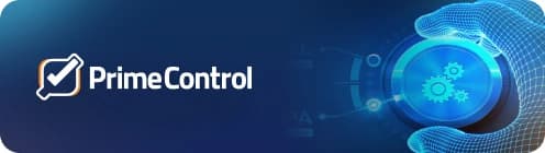 Logotipo Prime Control sobre um fundo azul com engrenagens luminosas