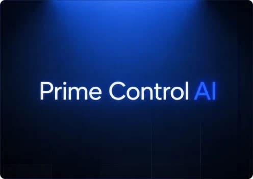 Logotipo Prime Control AI sobre fundo azul escuro iluminado