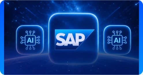 Ícone SAP entre dois ícones de IA sobre fundo azul luminoso