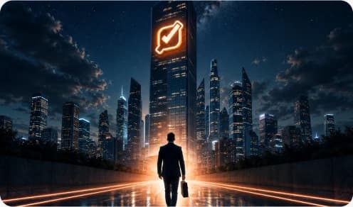 Executivo caminhando em direção a um arranha-céu com o logotipo Prime Control iluminado