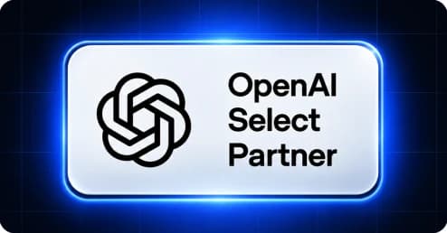 Selo OpenAI Select Partner sobre fundo azul luminoso