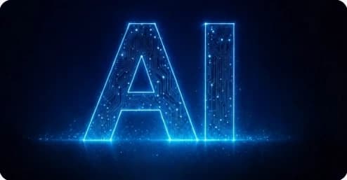 Letras “AI” iluminadas em azul, formadas por circuitos eletrônicos