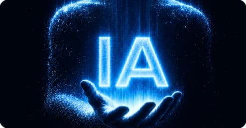 Mão aberta sustentando as letras “IA” iluminadas em azul
