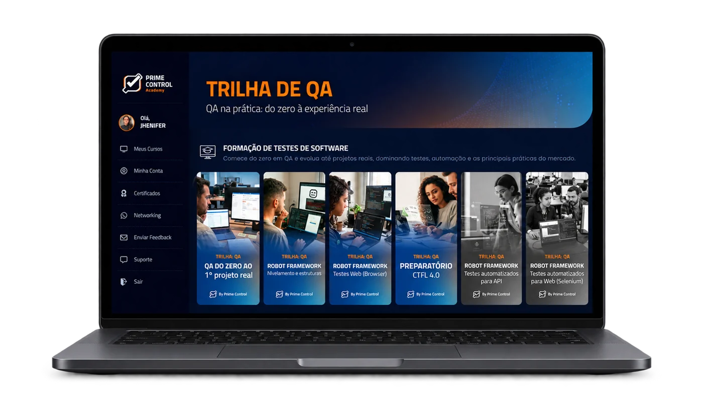 Plataforma Prime Control Academy aberta em um notebook, na Trilha de QA